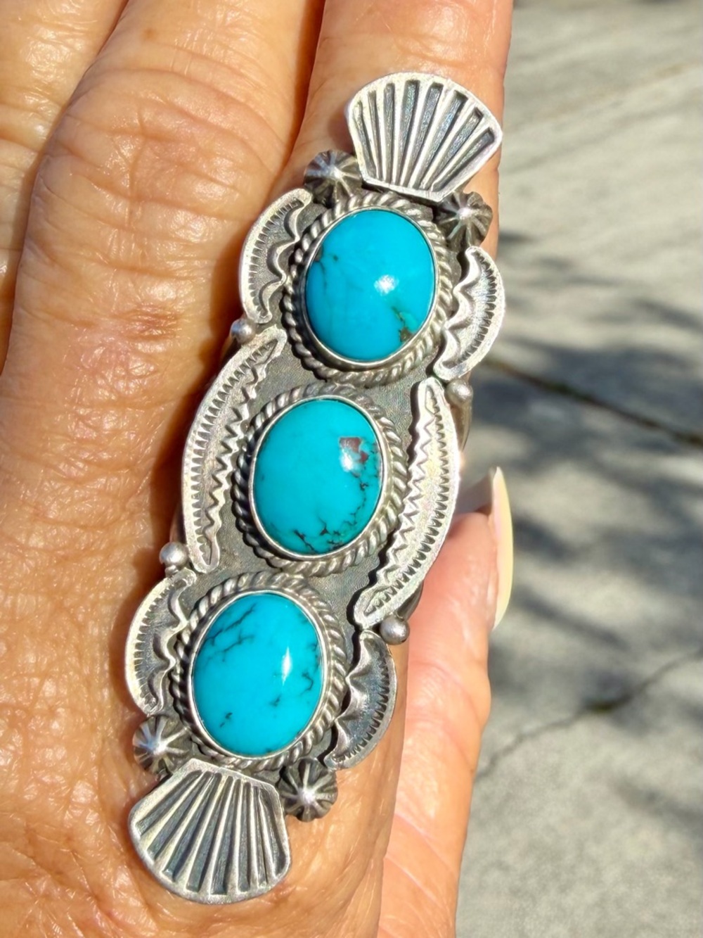 Genuine Navajo Turquoise Sterling Silver Statement Ring, artist stamped